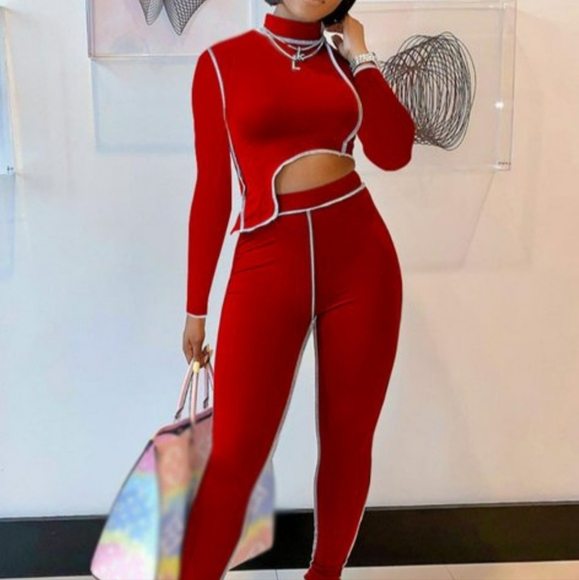 Pants - Red Asymetrical Cut Croptop Mock Neck Long Sleeved 2pc Pantset Women's Size XXL